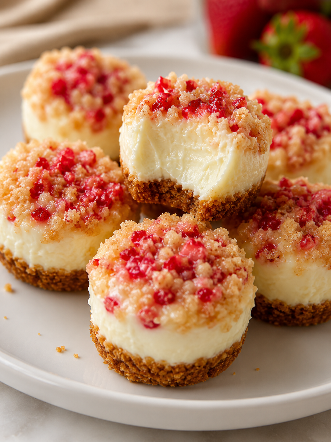 Mini no-bake cheesecake bites with buttery graham crust and strawberry crunch topping. Perfect bite-sized party dessert.