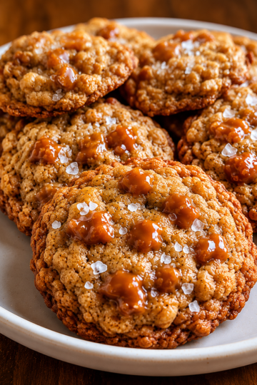 Chewy oatmeal cookies packed with buttery toffee bits and finished with flaky sea salt. A bakery-style sweet and salty dessert perfect for holidays and everyday baking.
