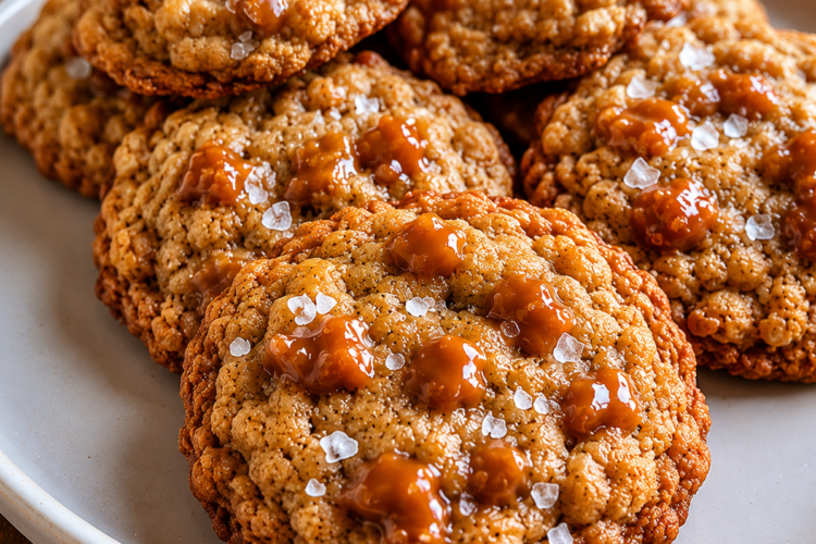 Chewy oatmeal cookies packed with buttery toffee bits and finished with flaky sea salt. A bakery-style sweet and salty dessert perfect for holidays and everyday baking.