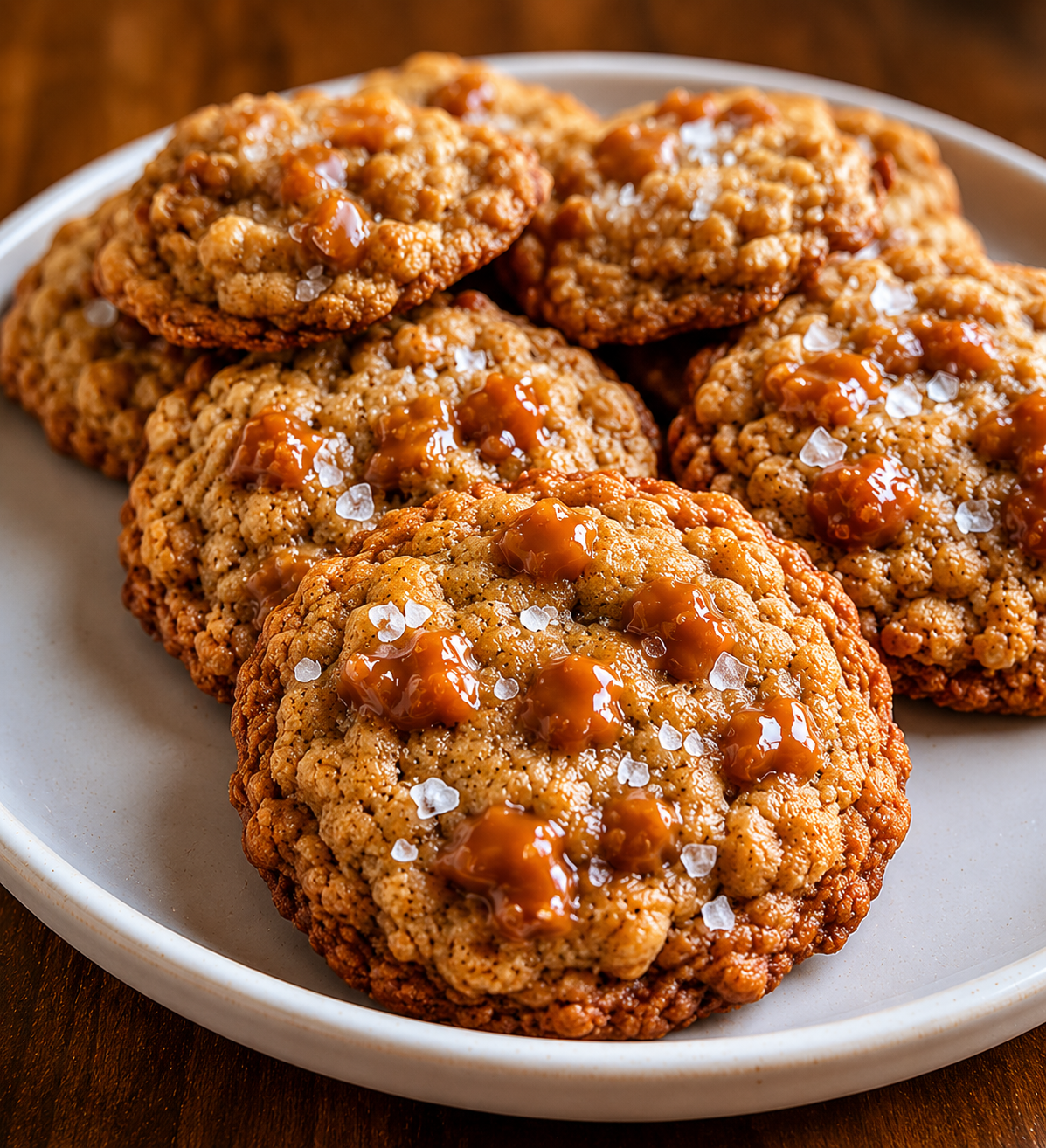 Chewy oatmeal cookies packed with buttery toffee bits and finished with flaky sea salt. A bakery-style sweet and salty dessert perfect for holidays and everyday baking.