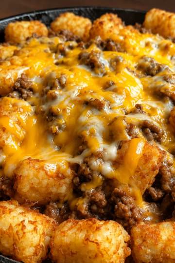 Cheesy ground beef sloppy joe skillet topped with crispy tater tots and melted cheddar. Easy one-pan comfort food dinner perfect for busy weeknights.