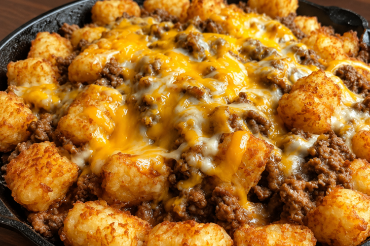 Cheesy ground beef sloppy joe skillet topped with crispy tater tots and melted cheddar. Easy one-pan comfort food dinner perfect for busy weeknights.