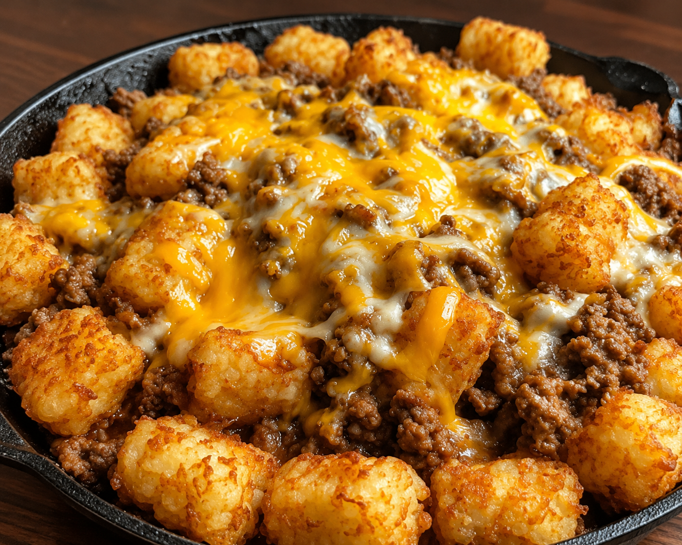 Cheesy ground beef sloppy joe skillet topped with crispy tater tots and melted cheddar. Easy one-pan comfort food dinner perfect for busy weeknights.