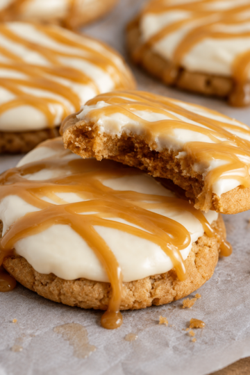 Soft cinnamon graham cracker cookies topped with tangy cream cheese frosting and salted caramel drizzle. A bakery-style dessert perfect for holidays or special treats.