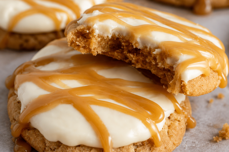 Soft cinnamon graham cracker cookies topped with tangy cream cheese frosting and salted caramel drizzle. A bakery-style dessert perfect for holidays or special treats.