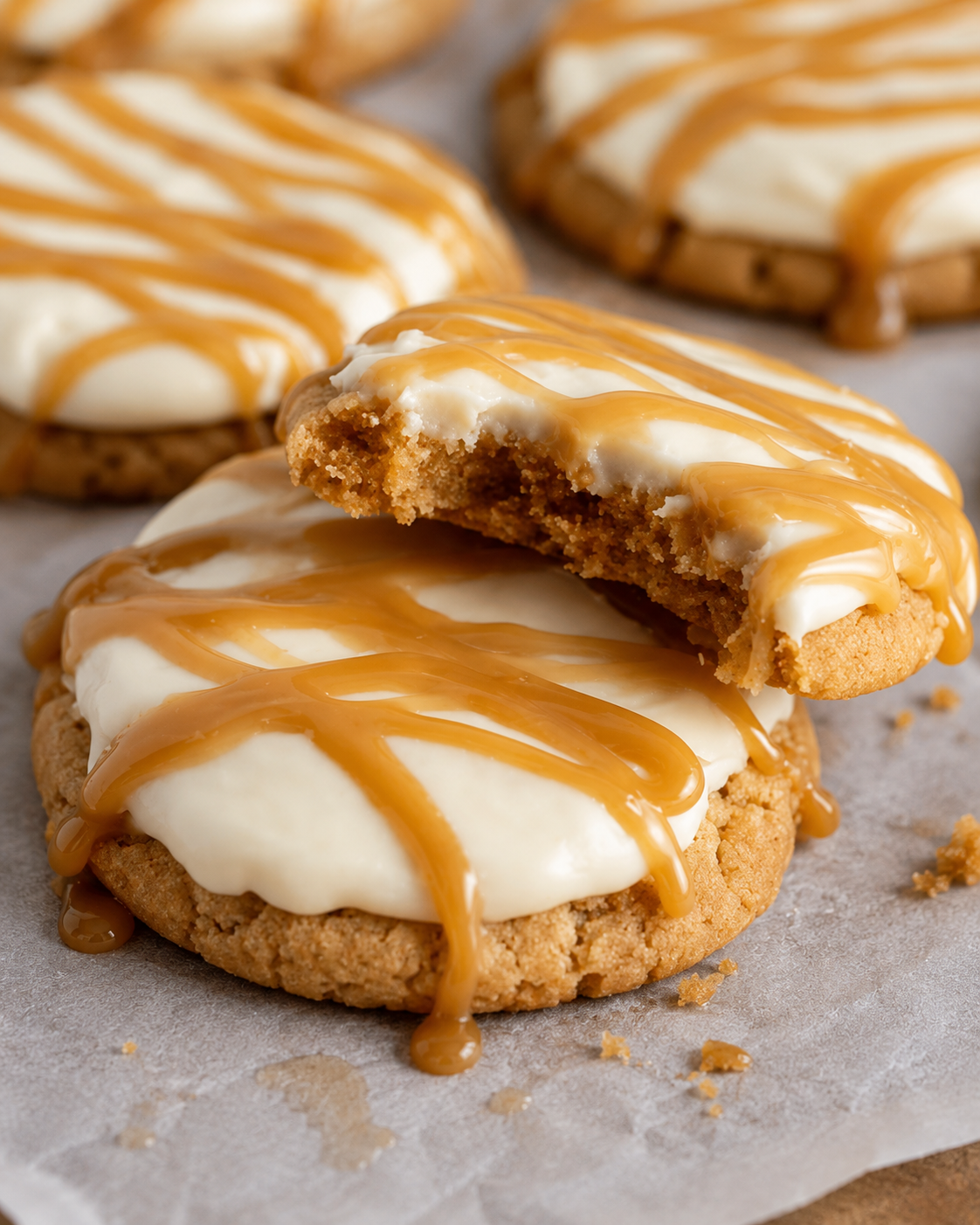 Soft cinnamon graham cracker cookies topped with tangy cream cheese frosting and salted caramel drizzle. A bakery-style dessert perfect for holidays or special treats.