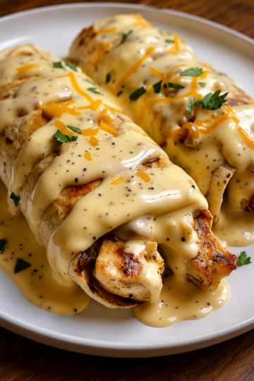 An easy baked chicken dinner made with rotisserie chicken, soft flour tortillas, and a rich garlic cream cheese sauce. Perfect for busy weeknights.