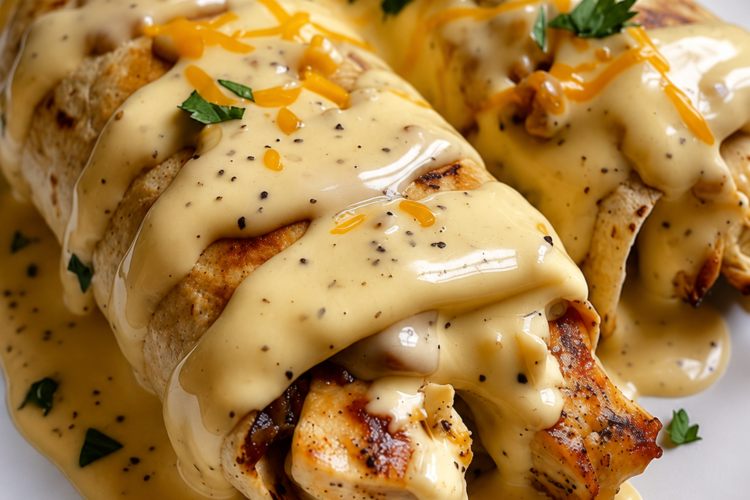 An easy baked chicken dinner made with rotisserie chicken, soft flour tortillas, and a rich garlic cream cheese sauce. Perfect for busy weeknights.