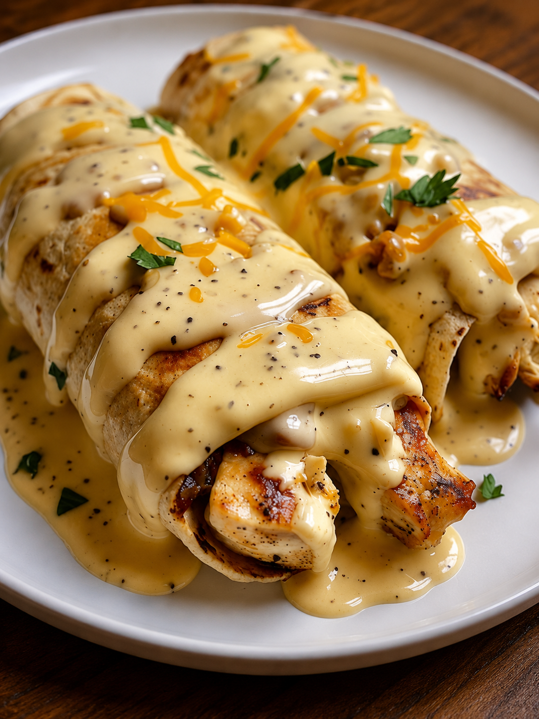An easy baked chicken dinner made with rotisserie chicken, soft flour tortillas, and a rich garlic cream cheese sauce. Perfect for busy weeknights.
