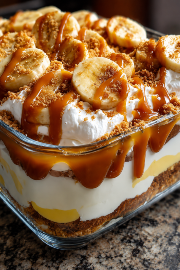A creamy layered dessert made with Lotus Biscoff cookies, vanilla pudding, fresh bananas, whipped cream, and caramel sauce. Perfect no-bake party dessert.