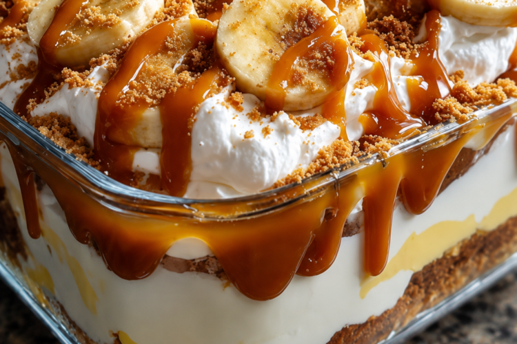 A creamy layered dessert made with Lotus Biscoff cookies, vanilla pudding, fresh bananas, whipped cream, and caramel sauce. Perfect no-bake party dessert.