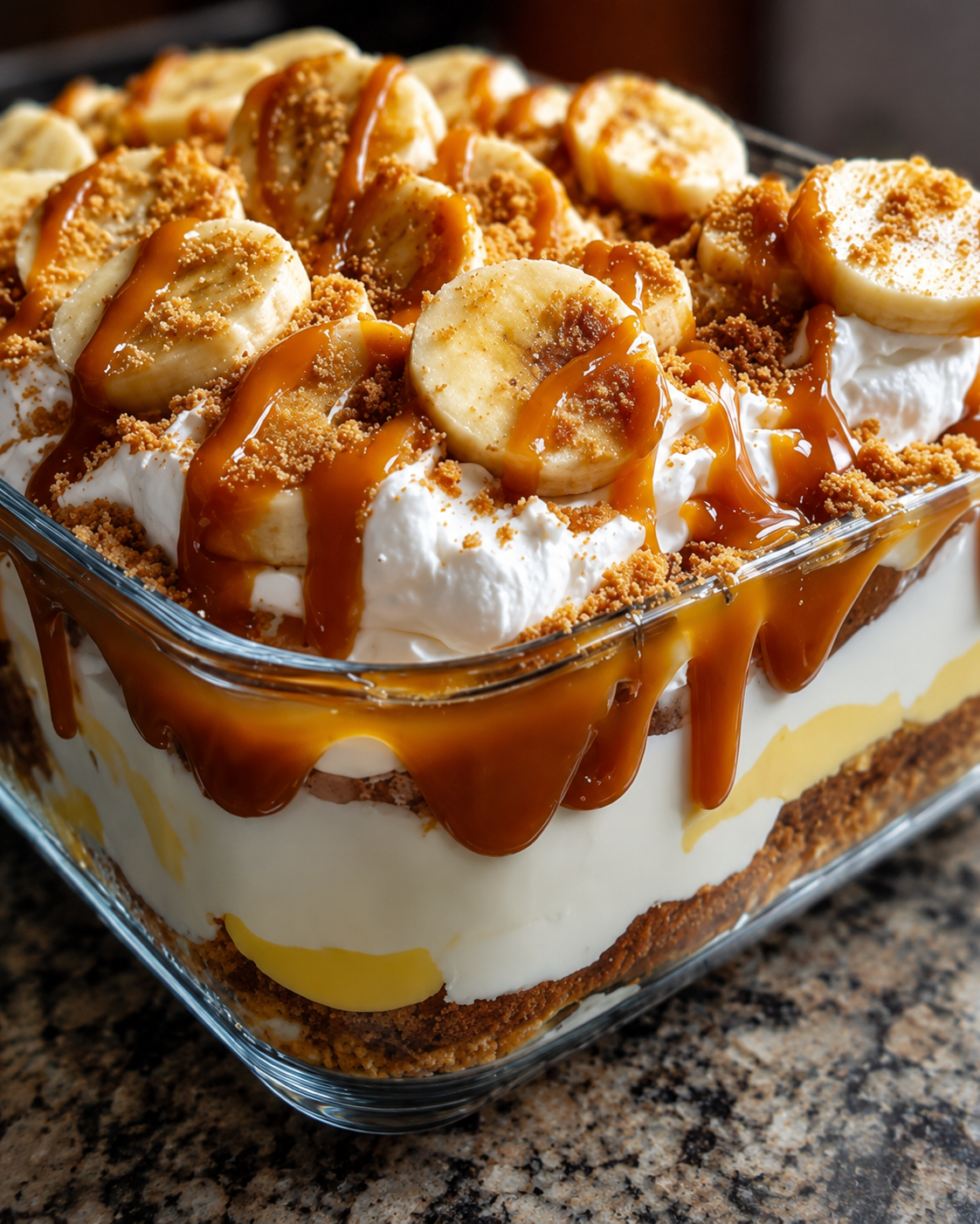 A creamy layered dessert made with Lotus Biscoff cookies, vanilla pudding, fresh bananas, whipped cream, and caramel sauce. Perfect no-bake party dessert.