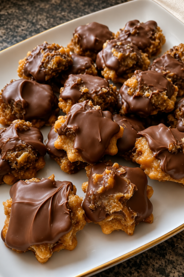No-bake caramel pecan chocolate candy clusters with crispy rice cereal and glossy semi-sweet coating. Perfect holiday homemade candy recipe.