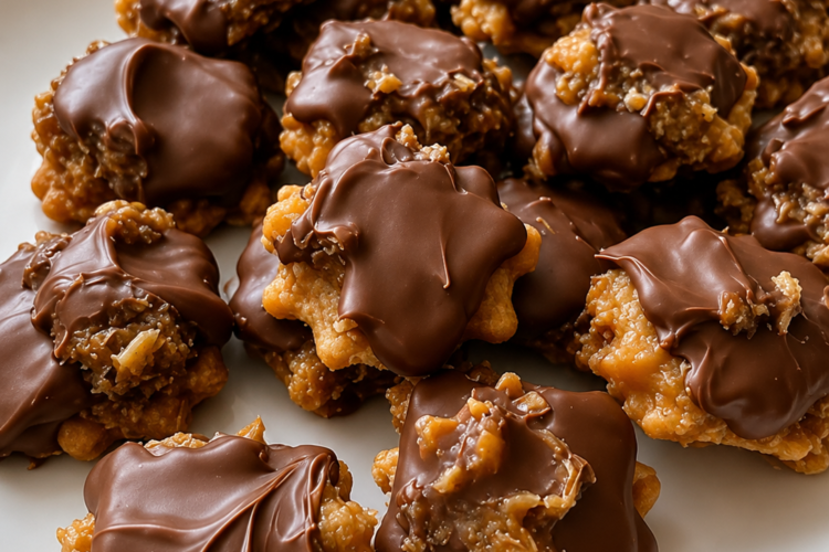 No-bake caramel pecan chocolate candy clusters with crispy rice cereal and glossy semi-sweet coating. Perfect holiday homemade candy recipe.