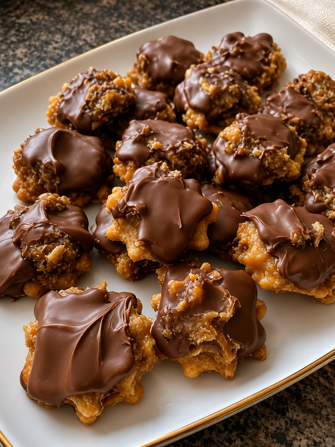 No-bake caramel pecan chocolate candy clusters with crispy rice cereal and glossy semi-sweet coating. Perfect holiday homemade candy recipe.