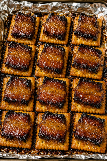 Sweet and salty baked bacon crackers with caramelized brown sugar glaze. Perfect easy party appetizer for holidays, game day, and gatherings.