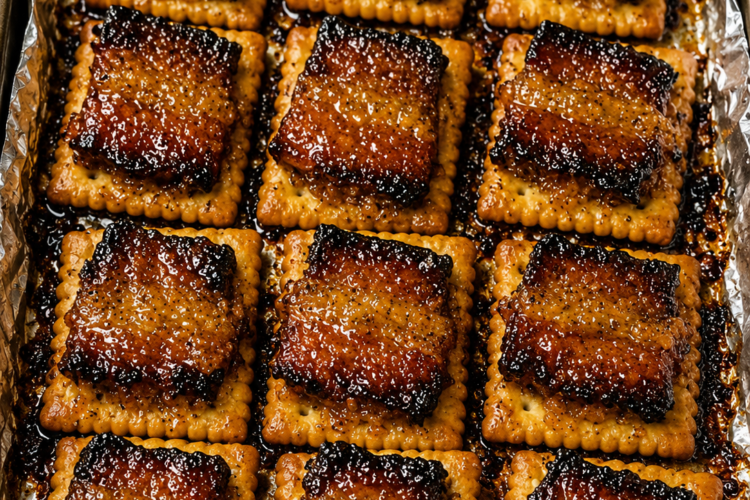 Sweet and salty baked bacon crackers with caramelized brown sugar glaze. Perfect easy party appetizer for holidays, game day, and gatherings.