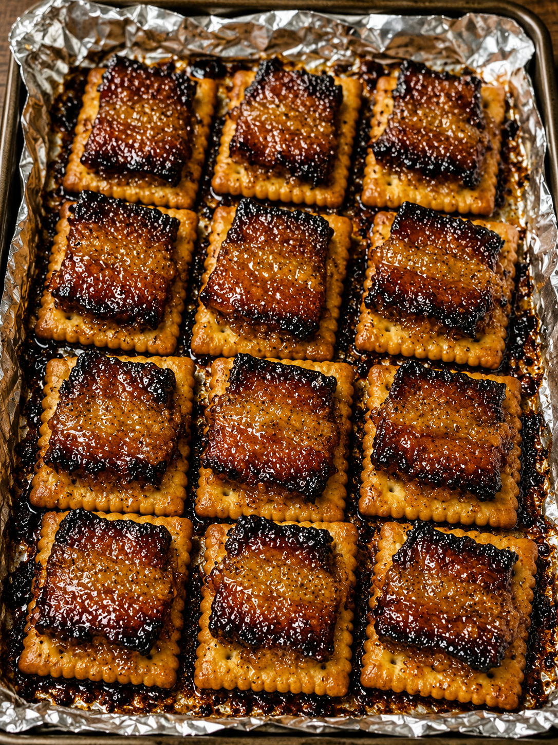 Sweet and salty baked bacon crackers with caramelized brown sugar glaze. Perfect easy party appetizer for holidays, game day, and gatherings.