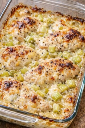 A comforting Amish-style dump-and-bake chicken casserole made with cream of celery soup, tender chicken, and golden stuffing topping. Perfect for weeknight dinners, family meals, and make-ahead comfort cooking.