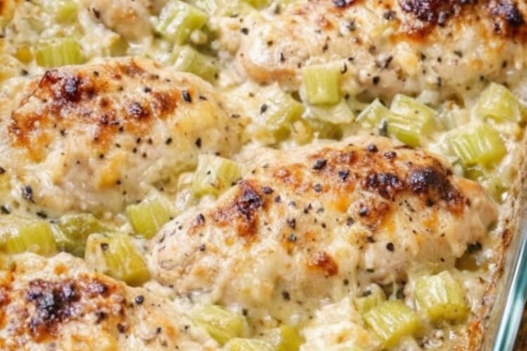 A comforting Amish-style dump-and-bake chicken casserole made with cream of celery soup, tender chicken, and golden stuffing topping. Perfect for weeknight dinners, family meals, and make-ahead comfort cooking.