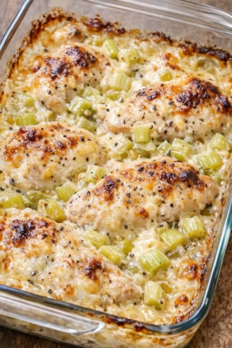 A comforting Amish-style dump-and-bake chicken casserole made with cream of celery soup, tender chicken, and golden stuffing topping. Perfect for weeknight dinners, family meals, and make-ahead comfort cooking.