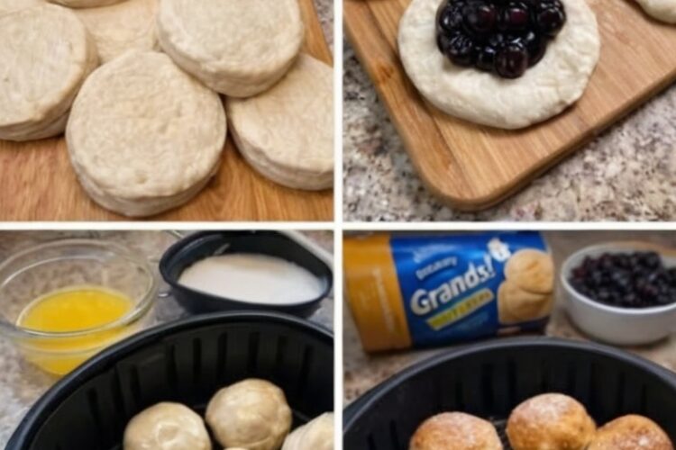 An easy 4-ingredient air fryer dessert made with canned biscuits and blueberry pie filling. Flaky, golden, and filled with warm jammy center — ready in under 15 minutes.