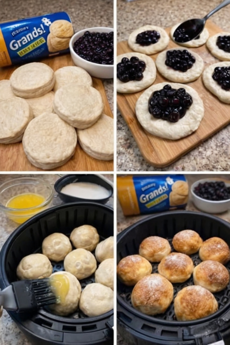 An easy 4-ingredient air fryer dessert made with canned biscuits and blueberry pie filling. Flaky, golden, and filled with warm jammy center — ready in under 15 minutes.