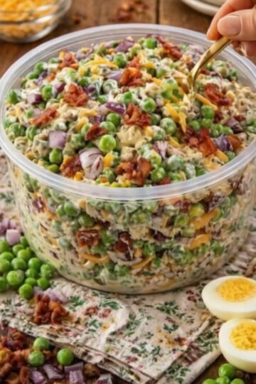 A creamy, sweet and savory cold salad made with frozen peas, crispy bacon, cheddar cheese, and tangy dressing. Perfect for potlucks, barbecues, and holiday gatherings.