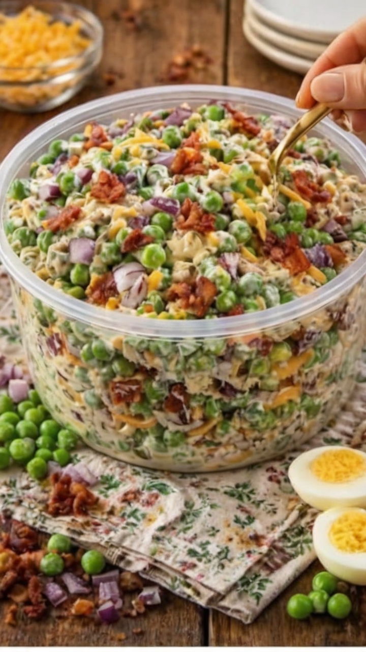 A creamy, sweet and savory cold salad made with frozen peas, crispy bacon, cheddar cheese, and tangy dressing. Perfect for potlucks, barbecues, and holiday gatherings.