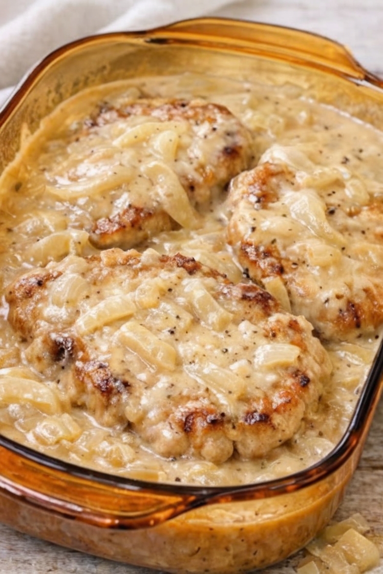 An easy, budget-friendly comfort food dinner made with bone-in pork chops and creamy onion gravy. Perfect for busy weeknights and family meals.