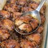 A sweet and savory baked chicken dish made with only three ingredients. Juicy chicken thighs coated in a caramelized brown sugar glaze with deep savory flavor. Perfect for potlucks and family dinners.