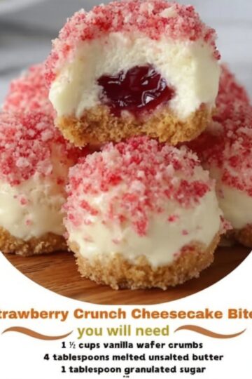 Mini strawberry cheesecake bites with buttery vanilla wafer crust, creamy strawberry filling, and crunchy pink crumble topping. Perfect for parties and summer gatherings