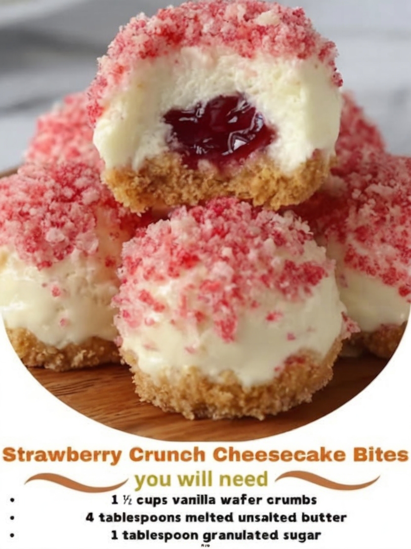 Mini strawberry cheesecake bites with buttery vanilla wafer crust, creamy strawberry filling, and crunchy pink crumble topping. Perfect for parties and summer gatherings