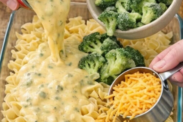 An easy, four-ingredient baked pasta casserole made with dry egg noodles, cheddar broccoli soup, milk, and shredded cheddar cheese. Perfect for busy weeknight dinners and comfort food cravings.