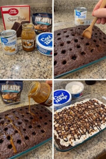 An ultra-moist chocolate poke cake soaked with sweetened condensed milk and caramel sauce, topped with whipped topping and toffee bits. The ultimate make-ahead potluck dessert.