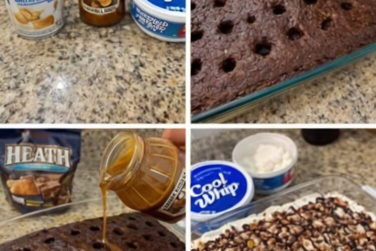 An ultra-moist chocolate poke cake soaked with sweetened condensed milk and caramel sauce, topped with whipped topping and toffee bits. The ultimate make-ahead potluck dessert.