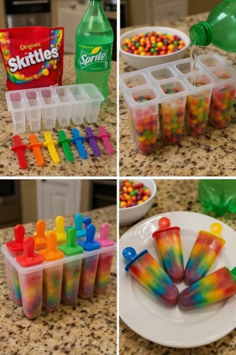These colorful Skittles Sprite Popsicles combine fruity candy and fizzy lemon-lime soda into a fun, refreshing frozen dessert that's perfect for summer parties, birthdays, BBQs, and family treats. With only two ingredients and almost no prep time, they're one of the easiest homemade popsicles you'll ever make.
