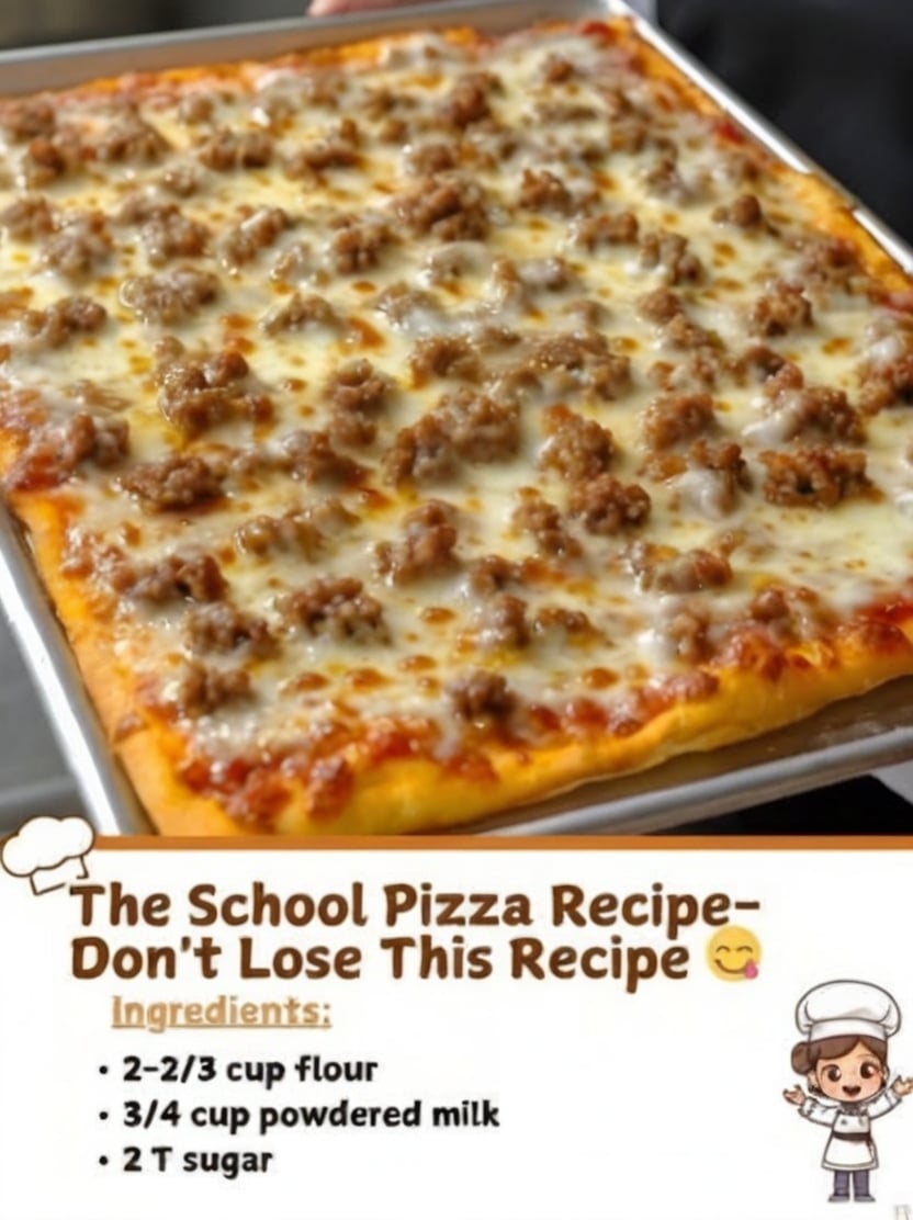 A nostalgic homemade School Cafeteria Pizza featuring a soft, slightly sweet sheet pan crust topped with rich pizza sauce, melted mozzarella cheese, and savory Italian sausage. Perfect for family dinners, meal prep, parties, game nights, and classic comfort food cravings.