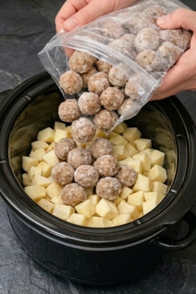 A hearty crockpot stew featuring tender meatballs, potatoes, carrots, celery, and onions simmered in a rich beef gravy. The perfect one-pot comfort food for busy weeknights, meal prep, and family dinners.