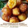 Golden fried cornbread bites with a crisp exterior, tender buttery center, and a warm honey butter glaze. A simple Southern-inspired appetizer or side dish that's perfect for holidays, potlucks, game day, and family dinners.