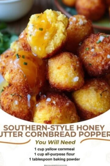 Golden fried cornbread bites with a crisp exterior, tender buttery center, and a warm honey butter glaze. A simple Southern-inspired appetizer or side dish that's perfect for holidays, potlucks, game day, and family dinners.