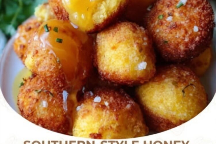 Golden fried cornbread bites with a crisp exterior, tender buttery center, and a warm honey butter glaze. A simple Southern-inspired appetizer or side dish that's perfect for holidays, potlucks, game day, and family dinners.