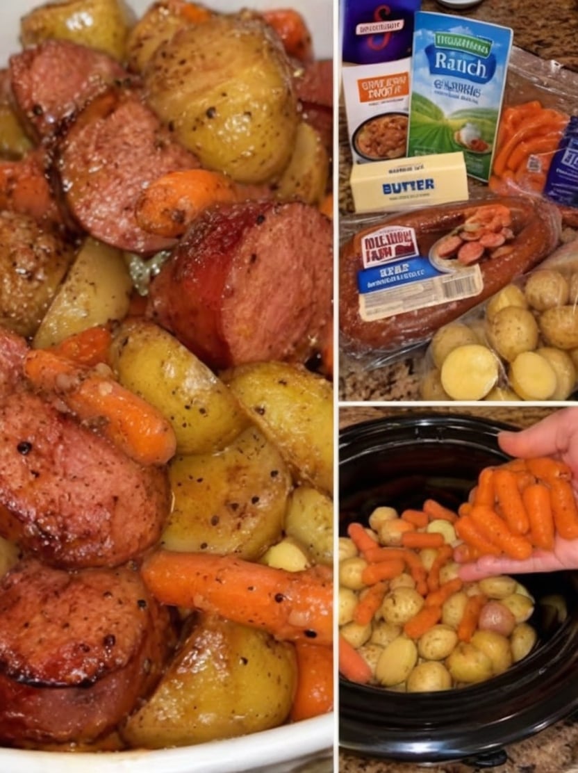 A hearty slow cooker dinner featuring smoky kielbasa sausage, tender potatoes, sweet carrots, buttery ranch seasoning, and a rich savory broth. Perfect for busy weeknights, meal prep, and family comfort food.