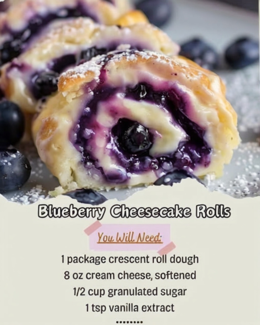 Golden buttery crescent rolls filled with creamy vanilla cheesecake filling and juicy blueberries, finished with powdered sugar for an easy bakery-style breakfast or dessert.