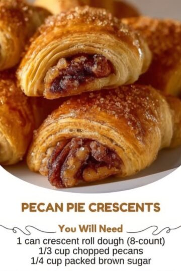 Buttery crescent rolls filled with a gooey pecan pie mixture and baked until golden and flaky. A quick and easy holiday-inspired pastry perfect for breakfast, brunch, or dessert.