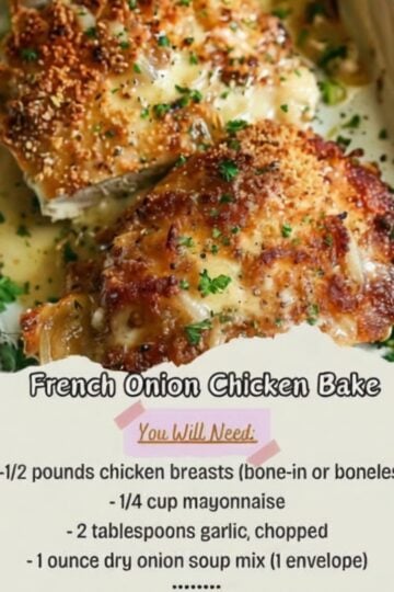 Tender baked chicken coated in a creamy garlic and French onion topping, then baked until juicy and golden brown.