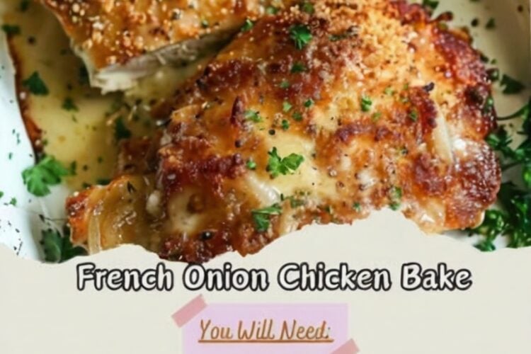 Tender baked chicken coated in a creamy garlic and French onion topping, then baked until juicy and golden brown.