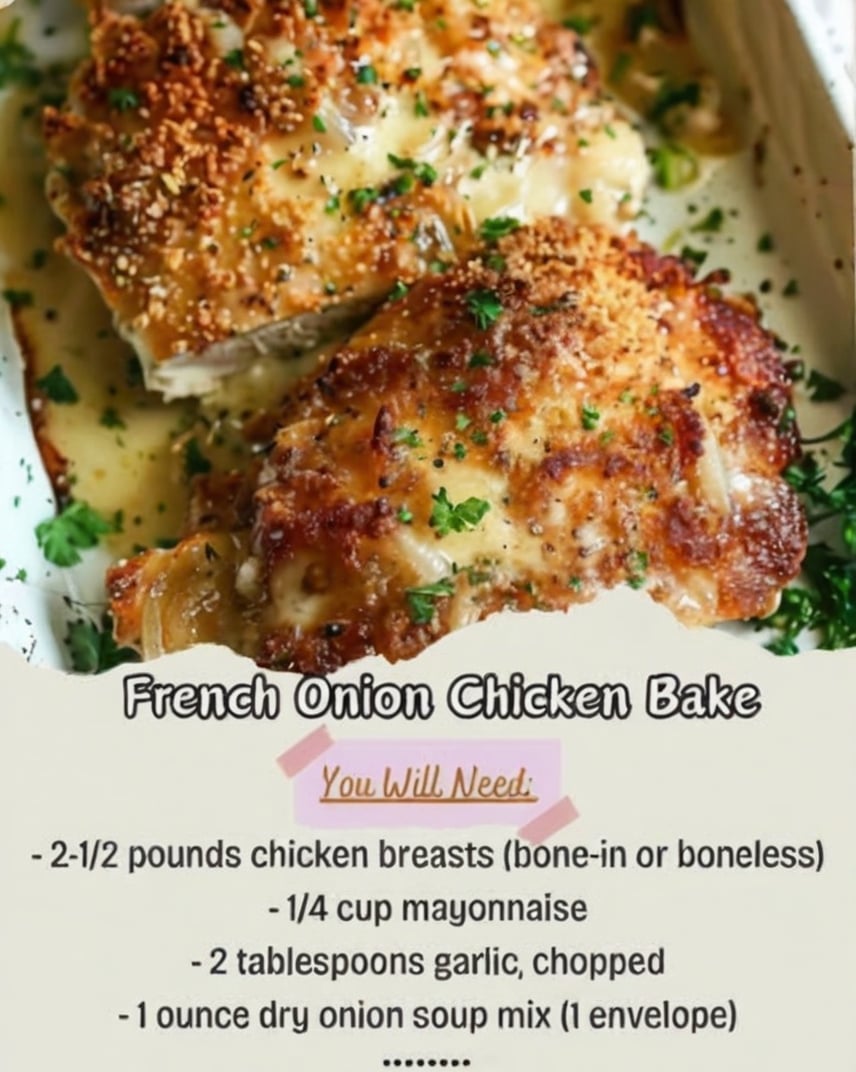 Tender baked chicken coated in a creamy garlic and French onion topping, then baked until juicy and golden brown.