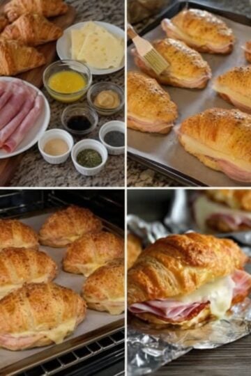 Flaky croissants filled with deli ham and melted Swiss cheese, brushed with butter, topped with sesame seeds, and baked until golden brown. Perfect for brunch, holiday breakfasts, entertaining, and meal prep.