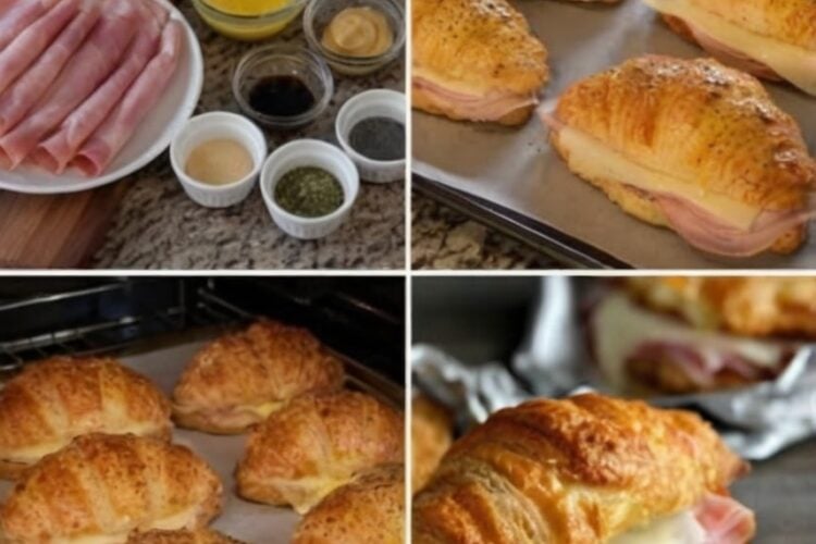 Flaky croissants filled with deli ham and melted Swiss cheese, brushed with butter, topped with sesame seeds, and baked until golden brown. Perfect for brunch, holiday breakfasts, entertaining, and meal prep.
